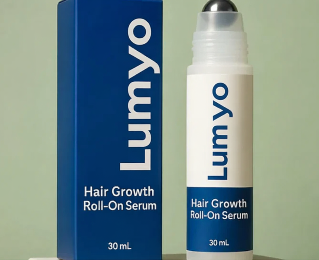 Lumyo hair growth roll-on serum with packaging on a light green background
